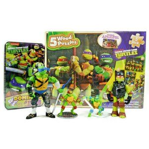 Lot TMNT Teenage Mutant Ninja Turtles Dominoes Game, 5 Wood Puzzles & 4 Figures